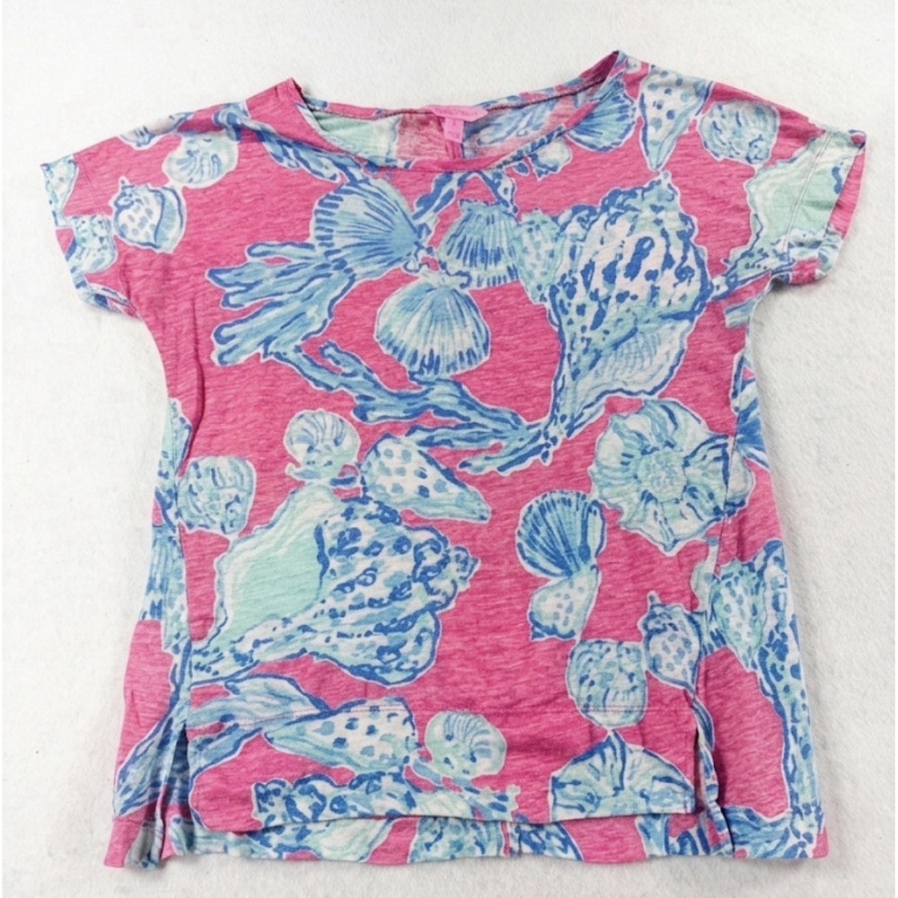Lilly Pulitzer Pink Blue Seashell Print 100% Linen Short Sleeve Tee Top Small